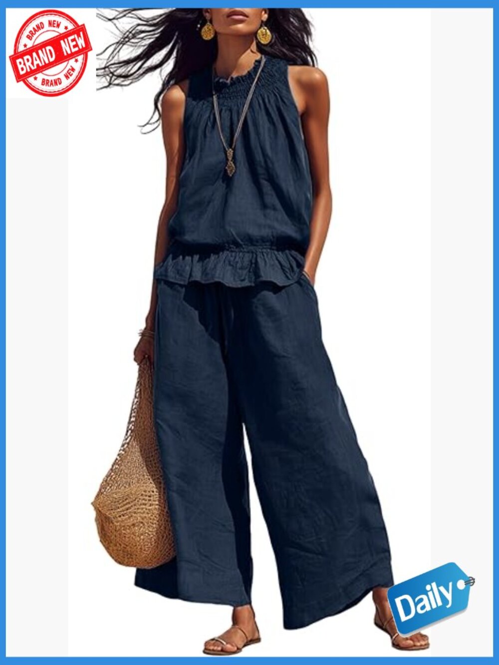 Linen 2 Piece Outfits Sleeveless Ruffle Top Wide Leg Pants Summer Lounge Travel
